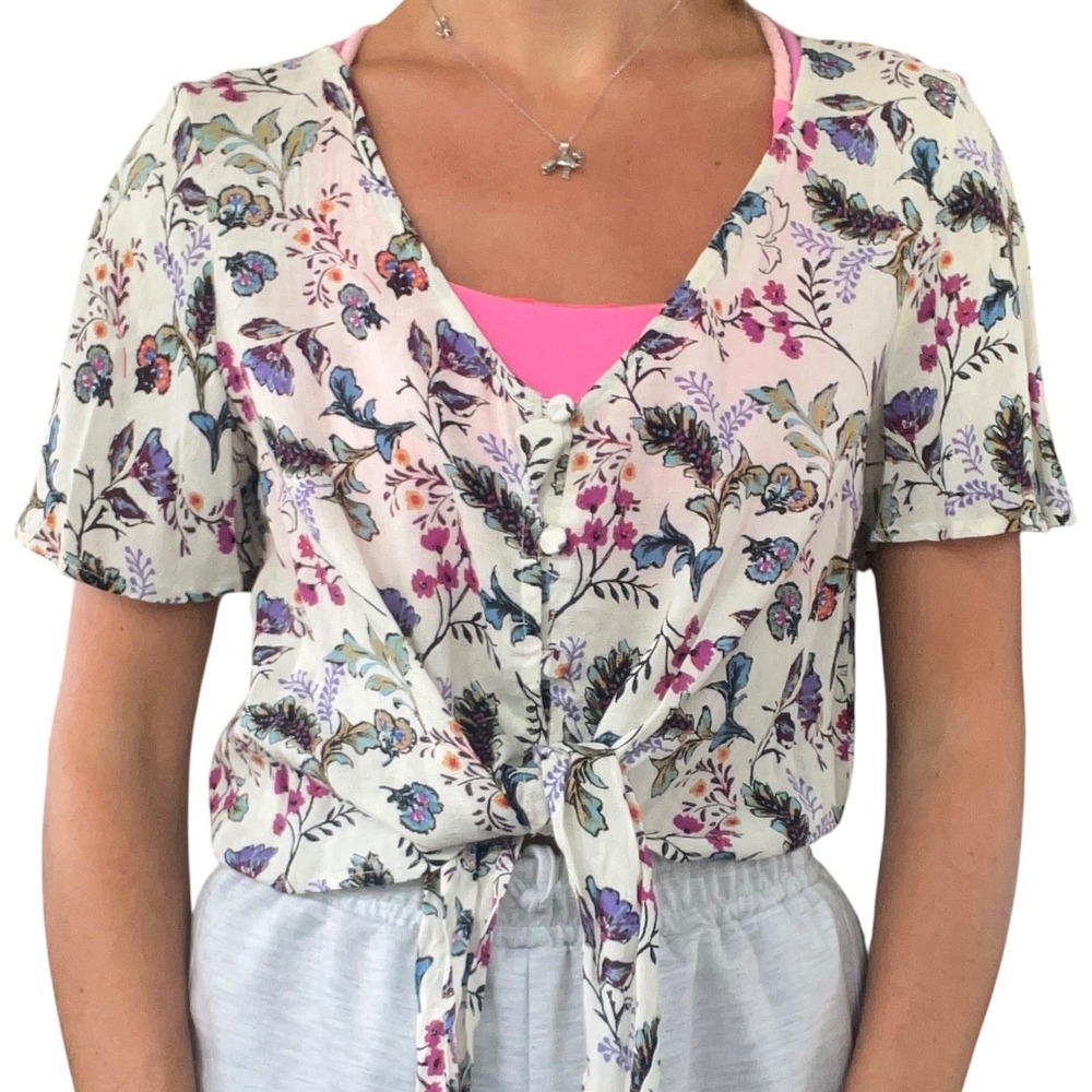 ONE Clothing LA Women's XS Cream Pink Floral Tie Front Short Sleeves Crop Blouse - Picture 15 of 16